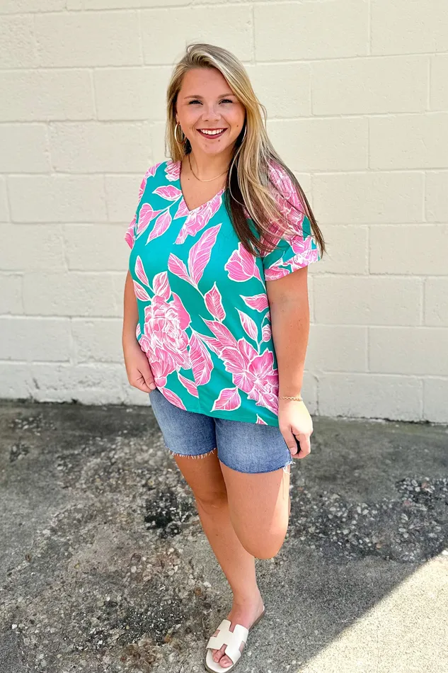 Haptics Rings Keep On Hoping Floral Top Teal