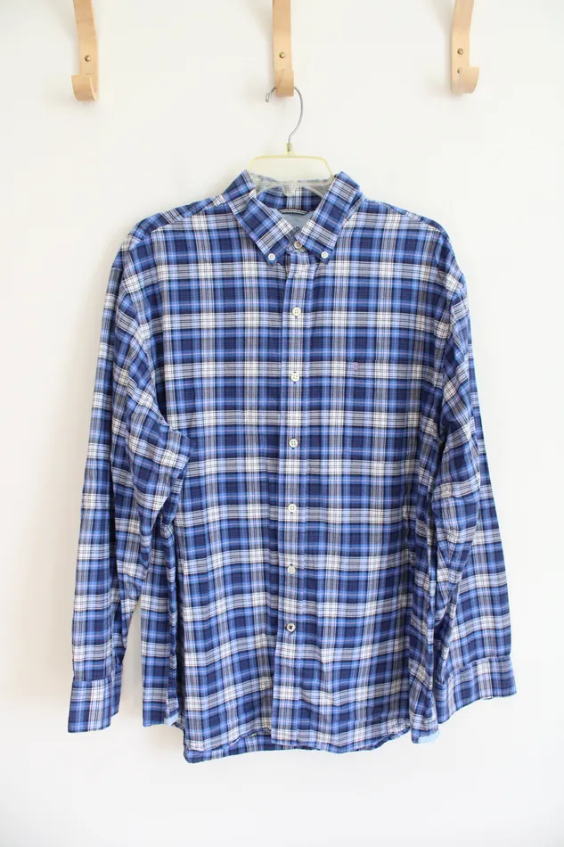 Izod Saltwater Relaxed Classics Blue Pink White Plaid Button Down Shirt XL Izod Rings