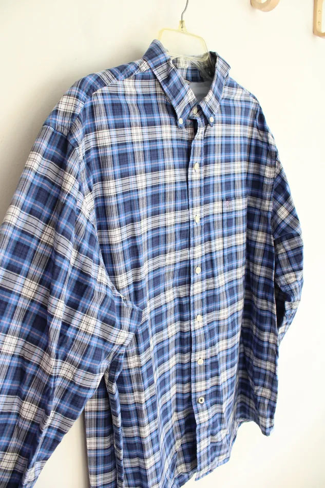 Izod Saltwater Relaxed Classics Blue Pink White Plaid Button Down Shirt XL Izod Rings
