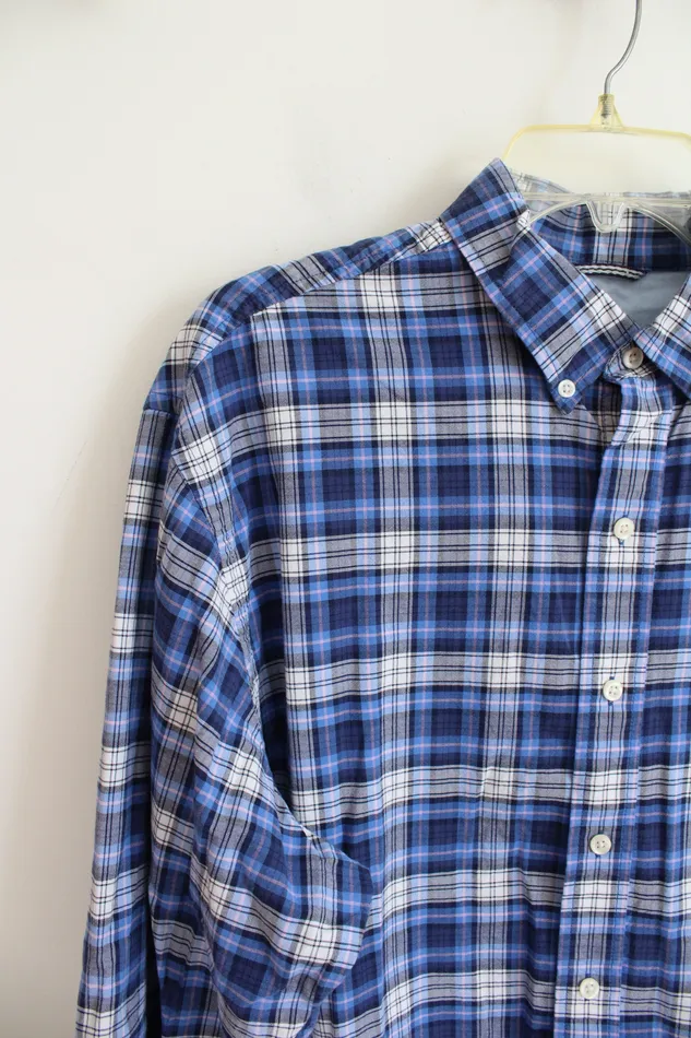 Izod Saltwater Relaxed Classics Blue Pink White Plaid Button Down Shirt XL Izod Rings