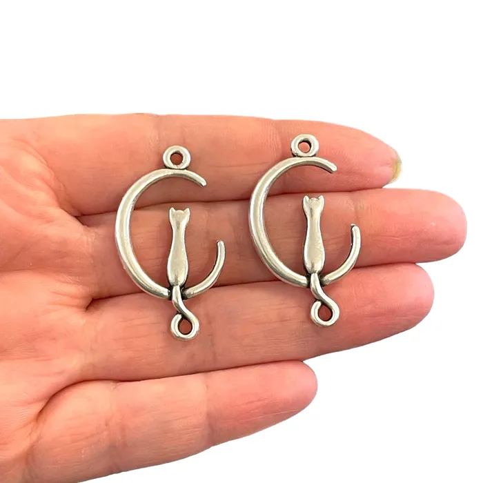 Necklaces Peppy Beads Antique Silver Plated Crescent Moon Cat Charms 2 pcs in a pack