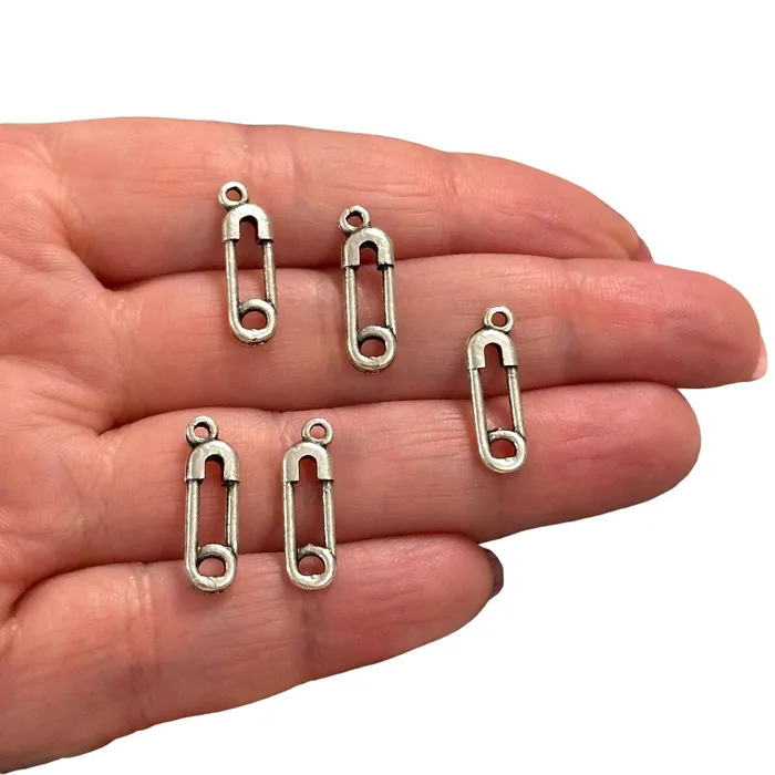 Peppy Beads Earrings Antique Silver Plated Safety Pin Charms Silver Sewing Charms 5 pcs in a pack