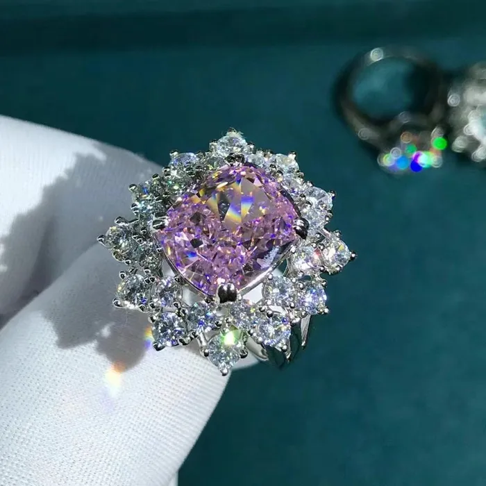 Leyloon Jewelry Rings 6 Carat Rare Cushion Cut Double Halo Pink VVS Moissanite Ring