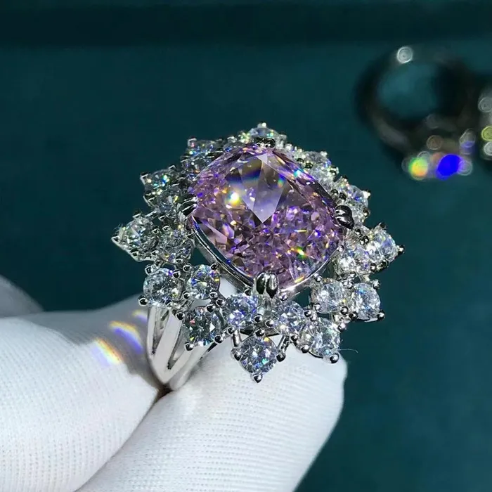 Leyloon Jewelry Rings 6 Carat Rare Cushion Cut Double Halo Pink VVS Moissanite Ring