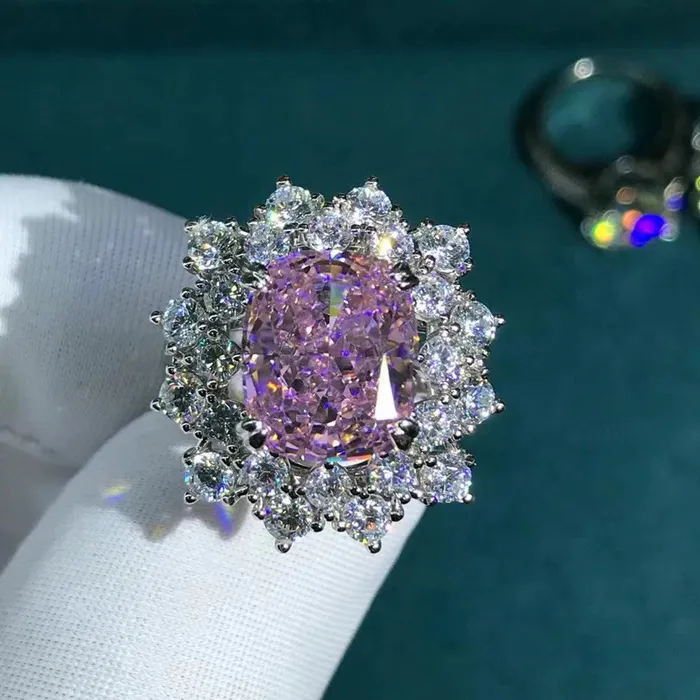 Leyloon Jewelry Rings 6 Carat Rare Cushion Cut Double Halo Pink VVS Moissanite Ring
