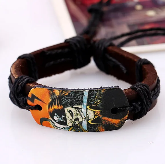 01 Bracelets B226 Brown Leather Black Cord Skeleton Pirate Bracelet