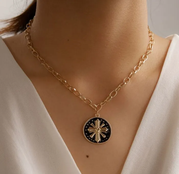 02 N44 Gold Black Enamel Circle Cross Design Necklace with FREE Earrings Necklaces