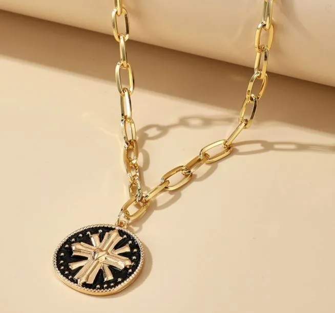 02 N44 Gold Black Enamel Circle Cross Design Necklace with FREE Earrings Necklaces