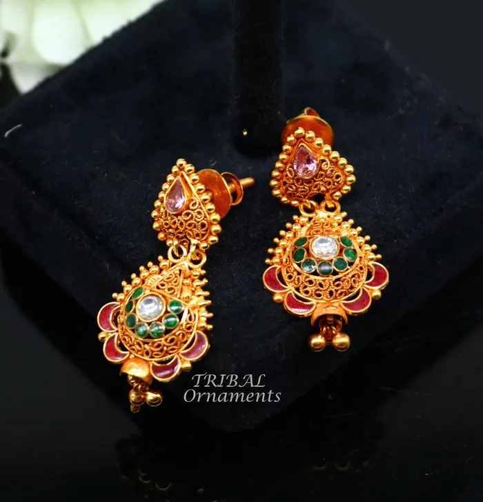 22k yellow gold fabulous handmade filigree work antique designer stud earrings brides wedding jewelry from Rajasthan India er163 TRIBAL ORNAMENTS Earrings