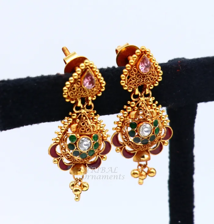 22k yellow gold fabulous handmade filigree work antique designer stud earrings brides wedding jewelry from Rajasthan India er163 TRIBAL ORNAMENTS Earrings