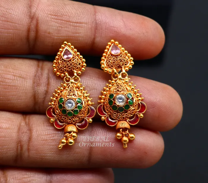 22k yellow gold fabulous handmade filigree work antique designer stud earrings brides wedding jewelry from Rajasthan India er163 TRIBAL ORNAMENTS Earrings