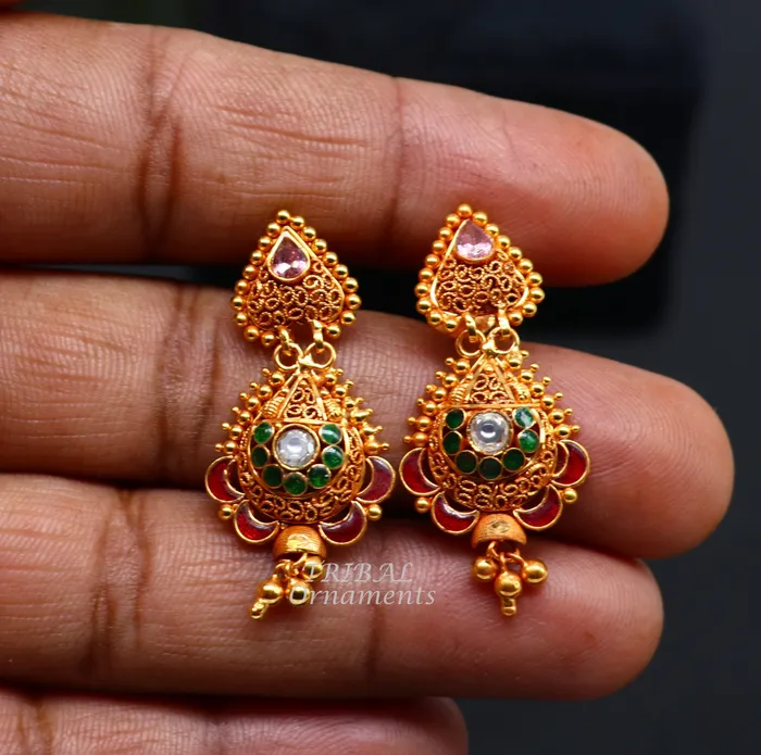 22k yellow gold fabulous handmade filigree work antique designer stud earrings brides wedding jewelry from Rajasthan India er163 TRIBAL ORNAMENTS Earrings