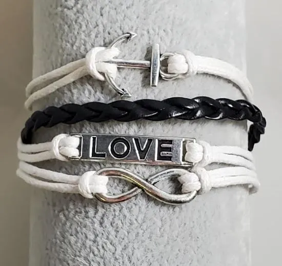 alice Bracelets AZ589 White Black Anchor Love Infinity Leather Layer Bracelet