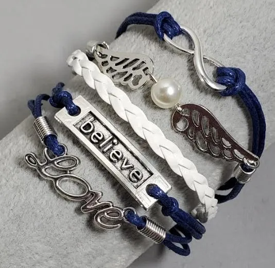 alice Bracelets B259 Blue Wings Believe Love Infinity Leather Layer Bracelet