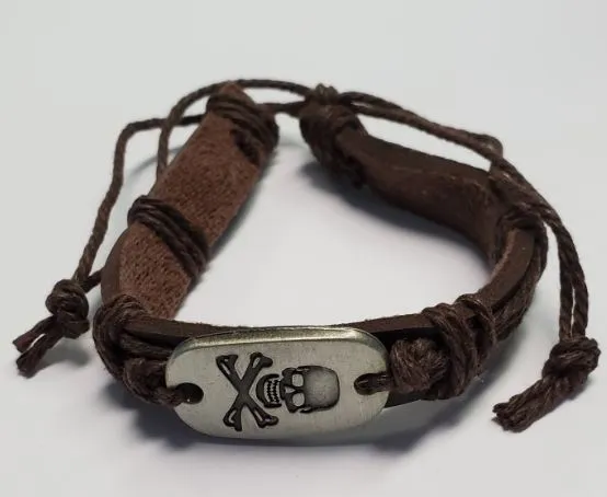 B231 Brown Leather Skull Crossbones Brown Cord Bracelet polly Bracelets