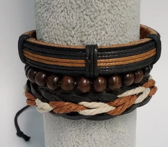 B905 Brown Leather and Wooden Bead Bracelet Set polly Bracelets