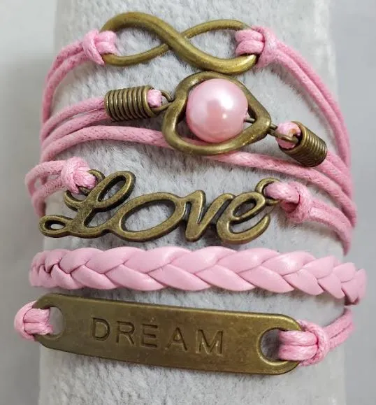 Bracelets AZ984 Pink Heart Pearl Love Dream Infinity Layer Leather Bracelet alice Bracelets AZ984 Pink Heart Pearl Love Dream Infinity Layer Leather Bracelet alice