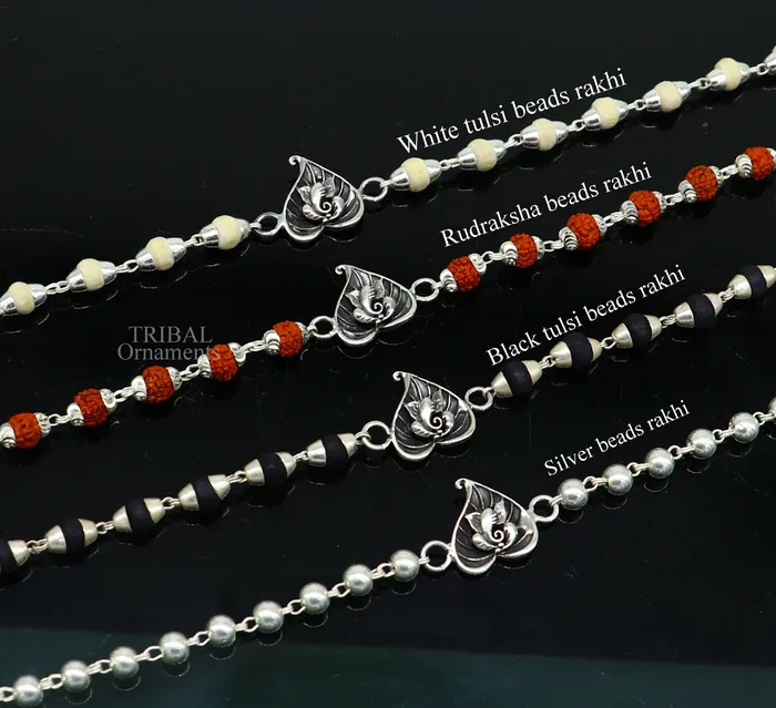 Bracelets TRIBAL ORNAMENTS 925 sterling silver handmade lord Ganesha on Paanbetel leaf design Rakhi bracelet with amazing Rudraksha Tulsi beaded bracelet rk182 Bracelets TRIBAL ORNAMENTS 925 sterling silver handmade lord Ganesha on Paanbetel leaf design Rakhi bracelet with amazing Rudraksha Tulsi beaded bracelet rk182