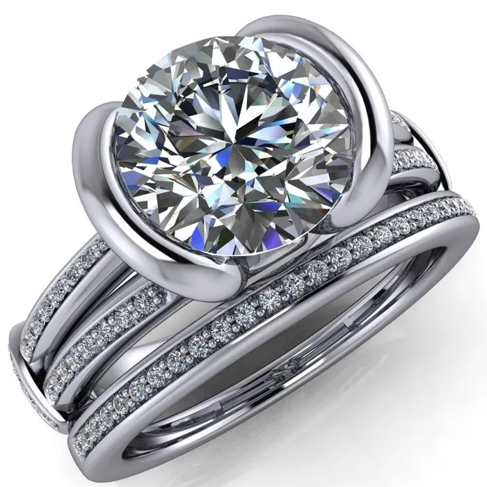 Brenn Round Center Stone Half Bezel Split Band Diamond Side Engagement Ring Fire Brilliance Rings Brenn Round Center Stone Half Bezel Split Band Diamond Side Engagement Ring Fire Brilliance Rings