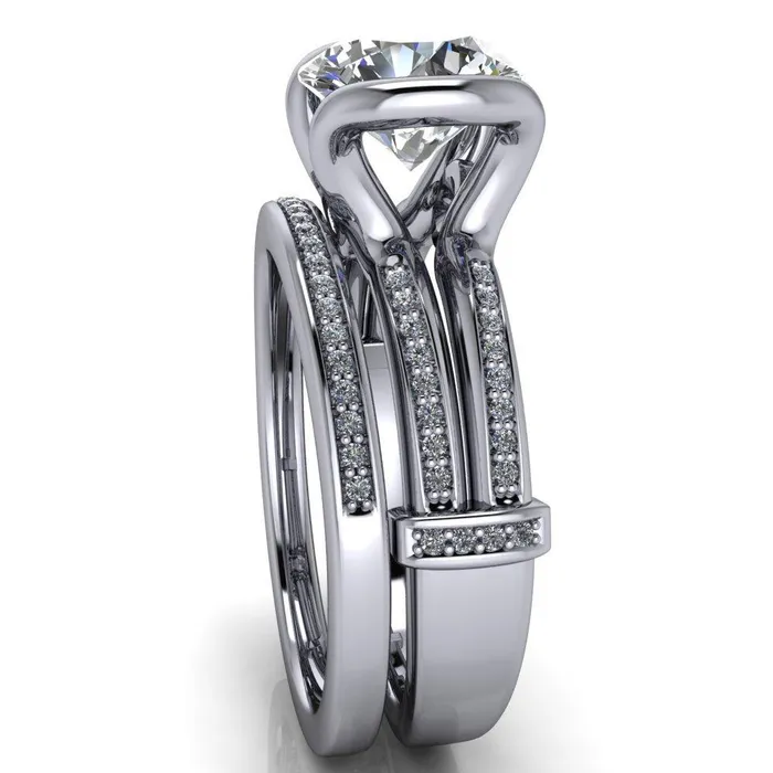 Brenn Round Center Stone Half Bezel Split Band Diamond Side Engagement Ring Fire Brilliance Rings