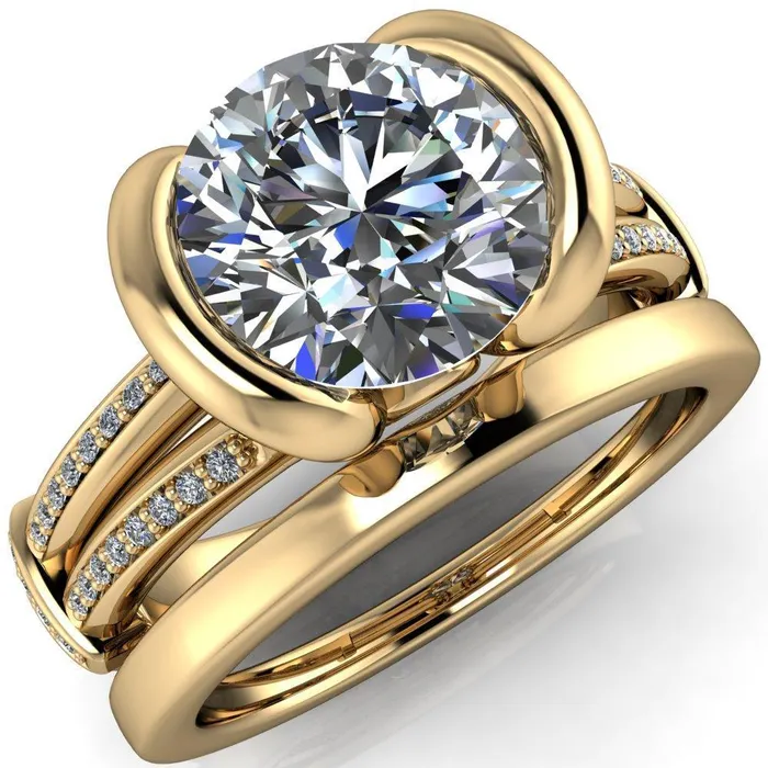 Brenn Round Center Stone Half Bezel Split Band Diamond Side Engagement Ring Fire Brilliance Rings