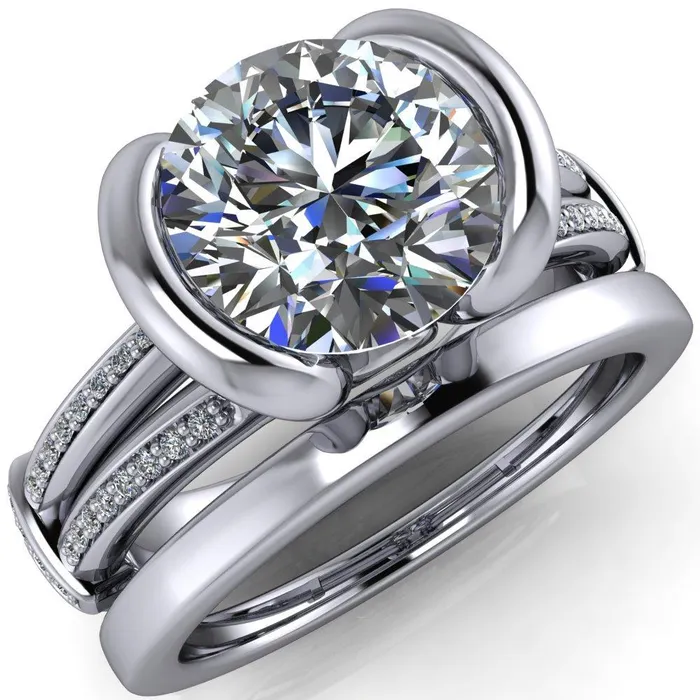 Brenn Round Center Stone Half Bezel Split Band Diamond Side Engagement Ring Fire Brilliance Rings