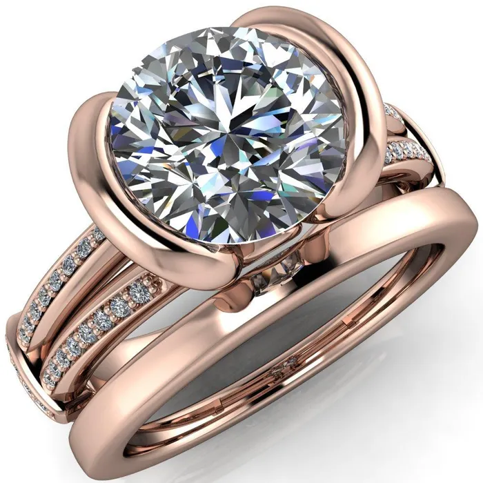 Brenn Round Center Stone Half Bezel Split Band Diamond Side Engagement Ring Fire Brilliance Rings