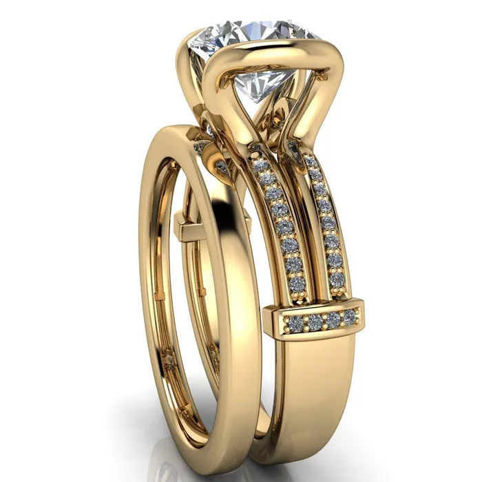 Brenn Round Center Stone Half Bezel Split Band Diamond Side Engagement Ring Fire Brilliance Rings