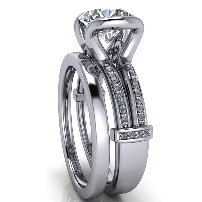 Brenn Round Center Stone Half Bezel Split Band Diamond Side Engagement Ring Fire Brilliance Rings