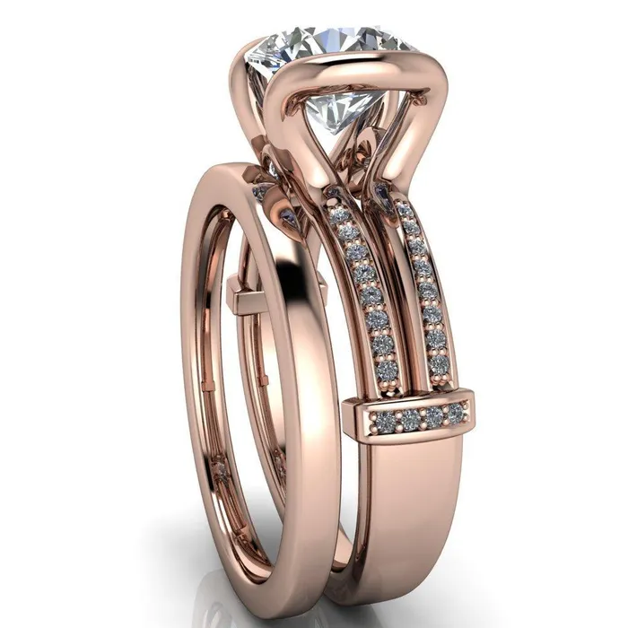 Brenn Round Center Stone Half Bezel Split Band Diamond Side Engagement Ring Fire Brilliance Rings