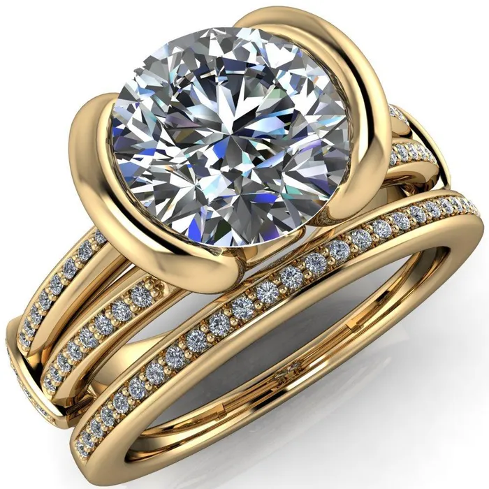 Brenn Round Center Stone Half Bezel Split Band Diamond Side Engagement Ring Fire Brilliance Rings