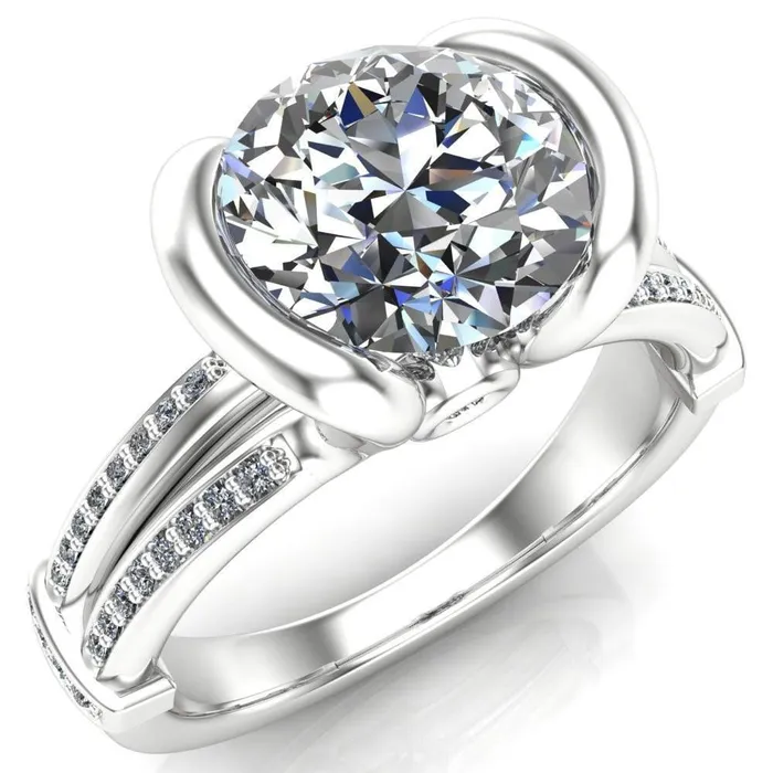 Brenn Round Center Stone Half Bezel Split Band Diamond Side Engagement Ring Fire Brilliance Rings