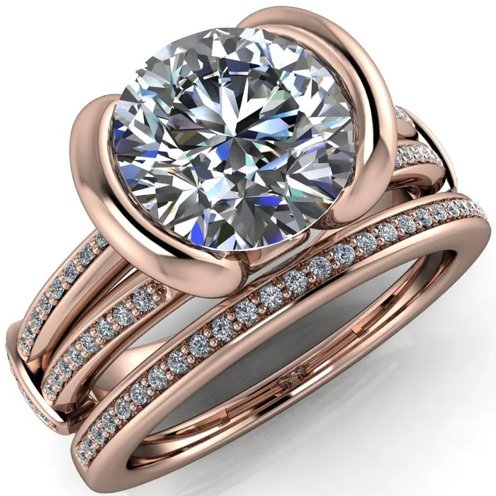 Brenn Round Center Stone Half Bezel Split Band Diamond Side Engagement Ring Fire Brilliance Rings
