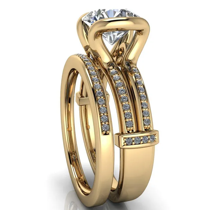 Brenn Round Center Stone Half Bezel Split Band Diamond Side Engagement Ring Fire Brilliance Rings