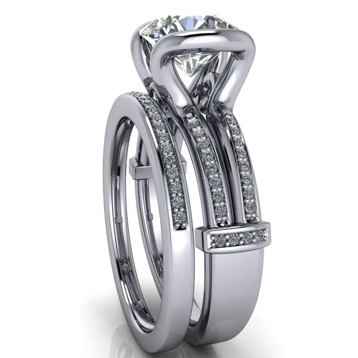 Brenn Round Center Stone Half Bezel Split Band Diamond Side Engagement Ring Fire Brilliance Rings
