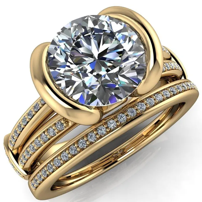 Brenn Round Center Stone Half Bezel Split Band Diamond Side Engagement Ring Fire Brilliance Rings