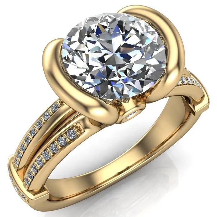 Brenn Round Center Stone Half Bezel Split Band Diamond Side Engagement Ring Fire Brilliance Rings