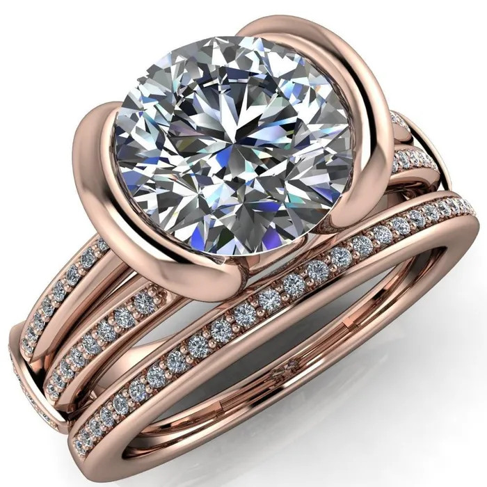 Brenn Round Center Stone Half Bezel Split Band Diamond Side Engagement Ring Fire Brilliance Rings