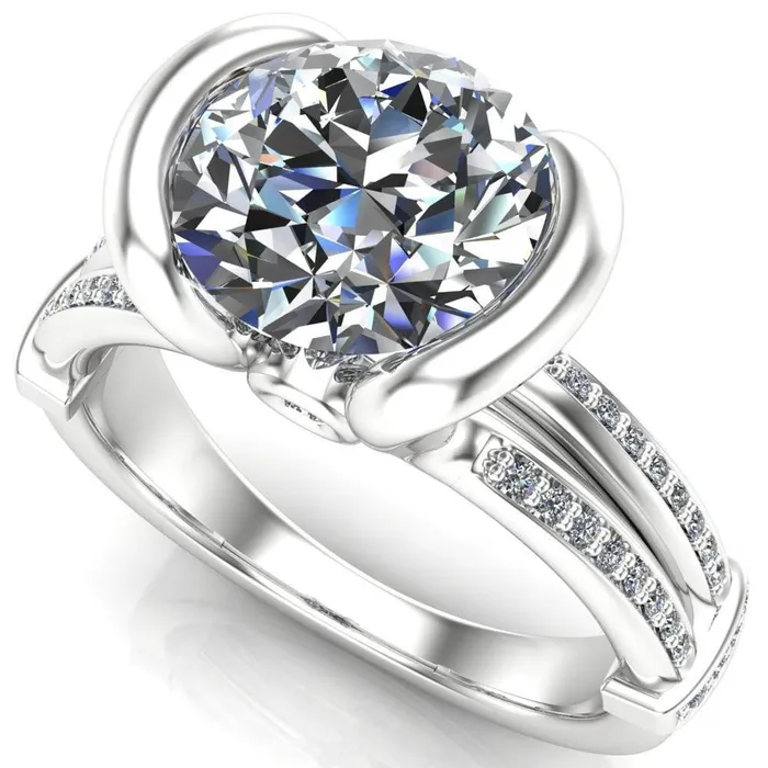 Brenn Round Center Stone Half Bezel Split Band Diamond Side Engagement Ring Fire Brilliance Rings