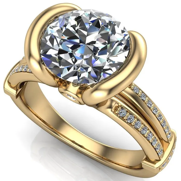 Brenn Round Center Stone Half Bezel Split Band Diamond Side Engagement Ring Fire Brilliance Rings
