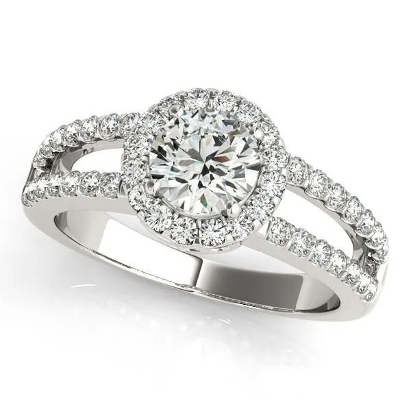 Fire Brilliance Rings Dallie Round Center Stone Diamond Halo Basket and Split Shank Ring