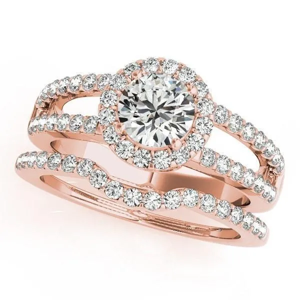 Fire Brilliance Rings Dallie Round Center Stone Diamond Halo Basket and Split Shank Ring