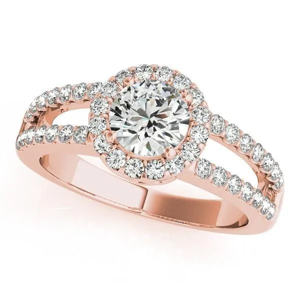 Fire Brilliance Rings Dallie Round Center Stone Diamond Halo Basket and Split Shank Ring