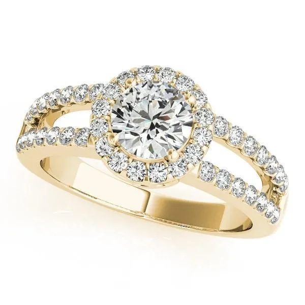 Fire Brilliance Rings Dallie Round Center Stone Diamond Halo Basket and Split Shank Ring
