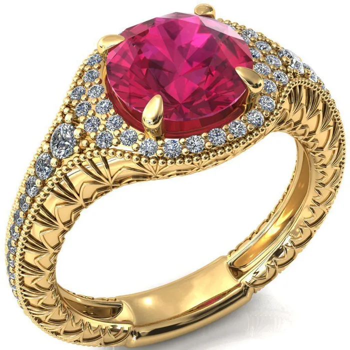 Fire Brilliance Rings Kylee Round Ruby Accent Diamond Milgrain and Filigree Design 4 Prong Engagement Ring Fire Brilliance Rings Kylee Round Ruby Accent Diamond Milgrain and Filigree Design 4 Prong Engagement Ring