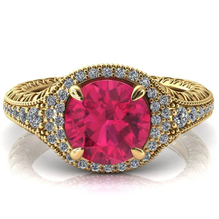 Fire Brilliance Rings Kylee Round Ruby Accent Diamond Milgrain and Filigree Design 4 Prong Engagement Ring
