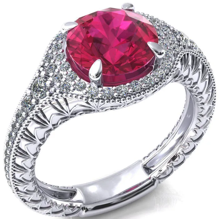 Fire Brilliance Rings Kylee Round Ruby Accent Diamond Milgrain and Filigree Design 4 Prong Engagement Ring