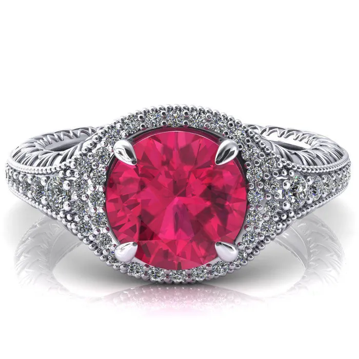 Fire Brilliance Rings Kylee Round Ruby Accent Diamond Milgrain and Filigree Design 4 Prong Engagement Ring