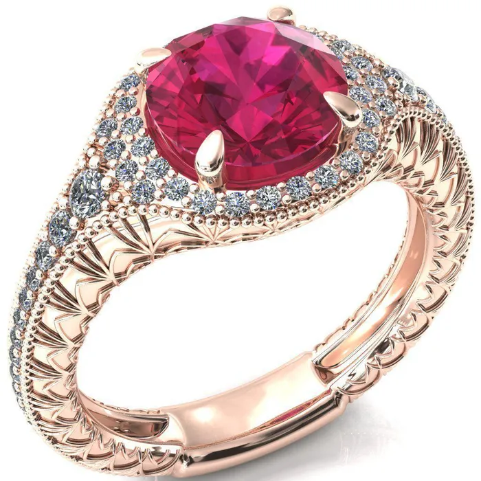Fire Brilliance Rings Kylee Round Ruby Accent Diamond Milgrain and Filigree Design 4 Prong Engagement Ring