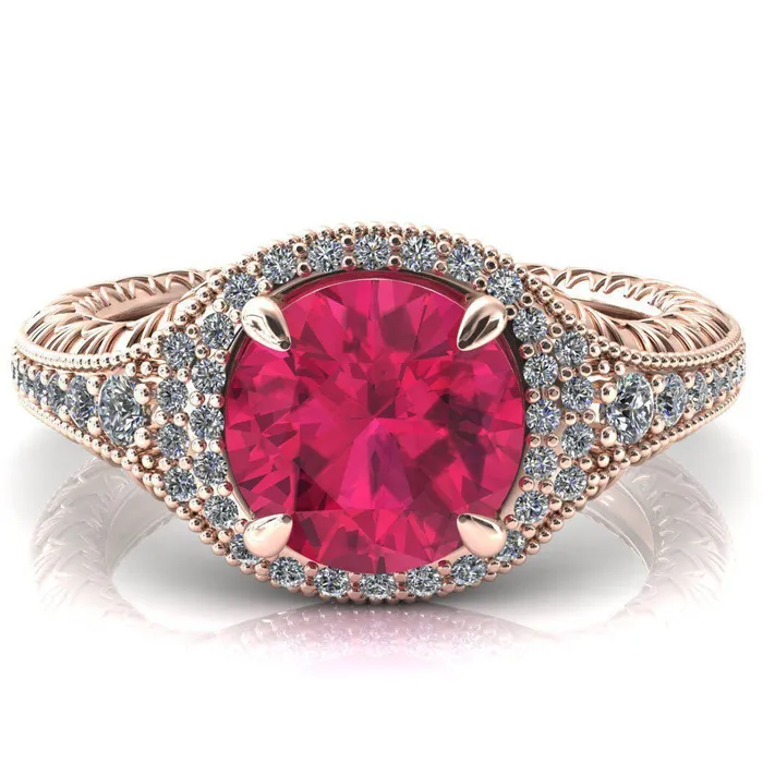 Fire Brilliance Rings Kylee Round Ruby Accent Diamond Milgrain and Filigree Design 4 Prong Engagement Ring